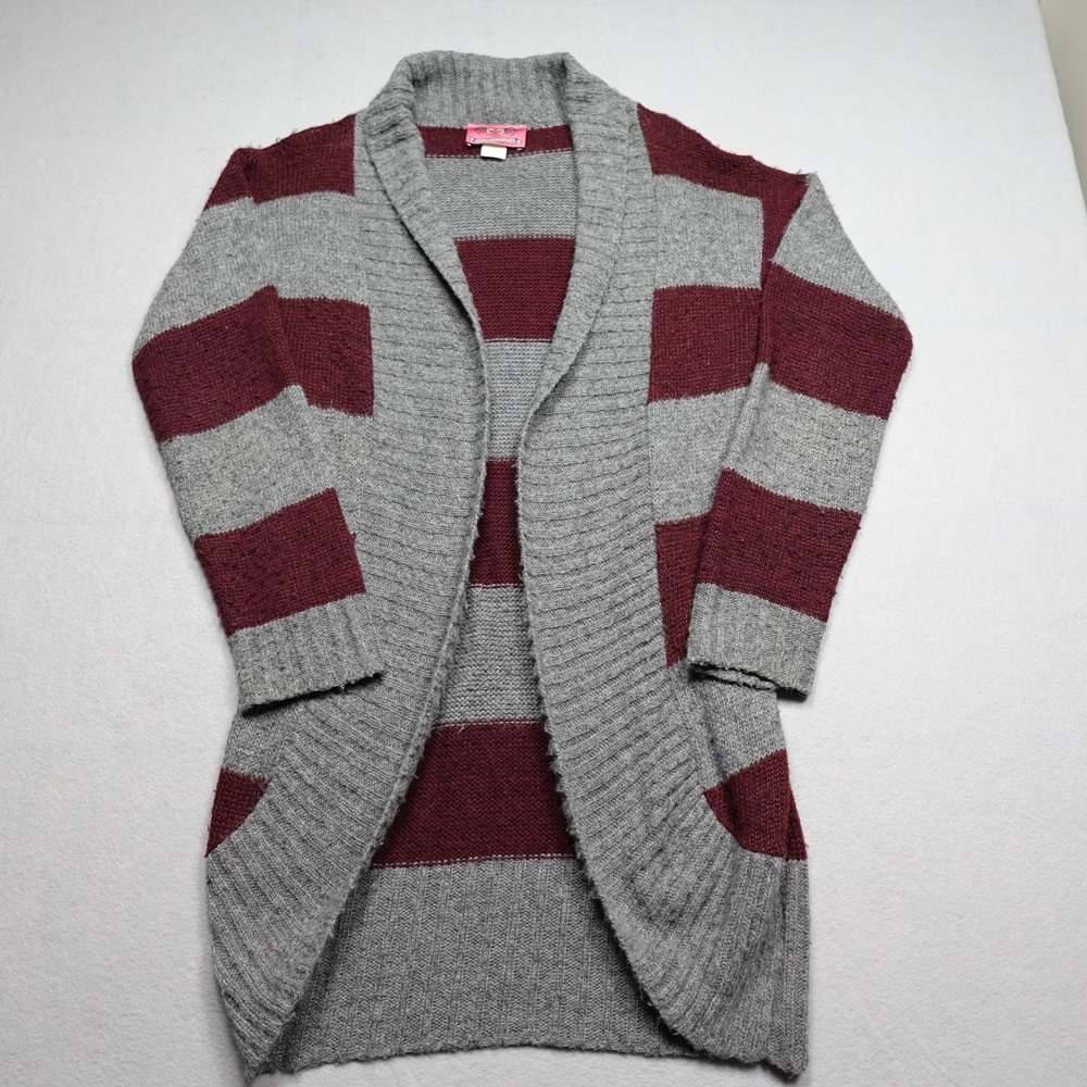 Sweet N Sinful Sweater Tunic Women M Gray Striped Open Front Pockets Y2K